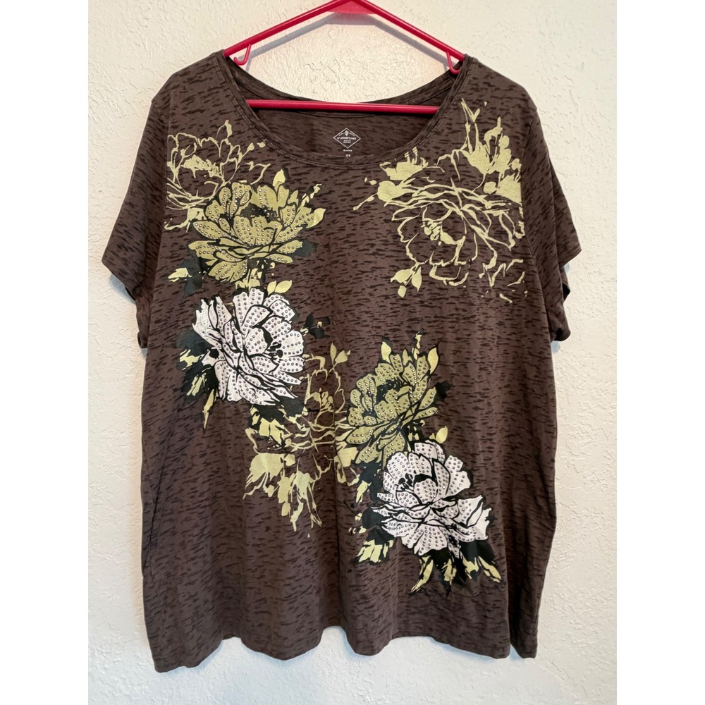 St. John's Bay Womens 2X Brown Floral Rhinestone Short Sleeve Slub Knit Tee
